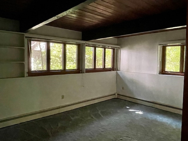 unfurnished room featuring carpet flooring and wood ceiling