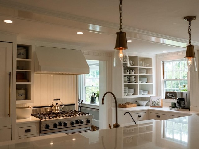 11 Water St, Duxbury, MA 02332 - kitchen featuring custom exhaust hood, open shelves, range with gas cooktop, ornamental molding, and decorative light fixtures