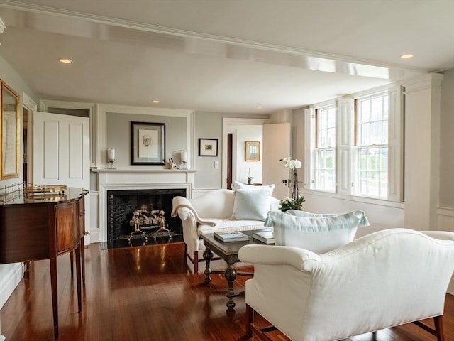 11 Water St, Duxbury, MA 02332 - living area featuring dark wood-style flooring, a fireplace, and recessed lighting