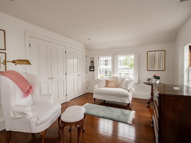 11 Water St, Duxbury, MA 02332 - living room with lofted ceiling, baseboards, and dark wood finished floors