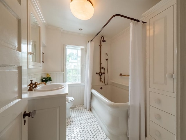 11 Water St, Duxbury, MA 02332 - bathroom with toilet, vanity, shower / tub combo, crown molding, and wainscoting