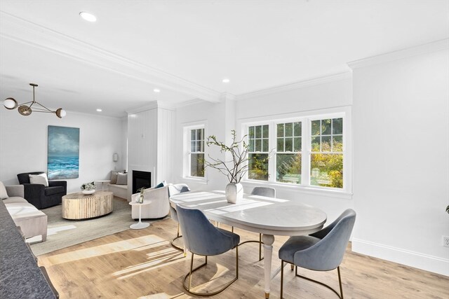 dining space featuring crown molding, a notable chandelier, a large fireplace, and light wood-type flooring