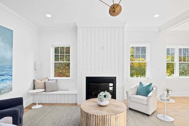 living area featuring hardwood / wood-style floors, crown molding, and a large fireplace