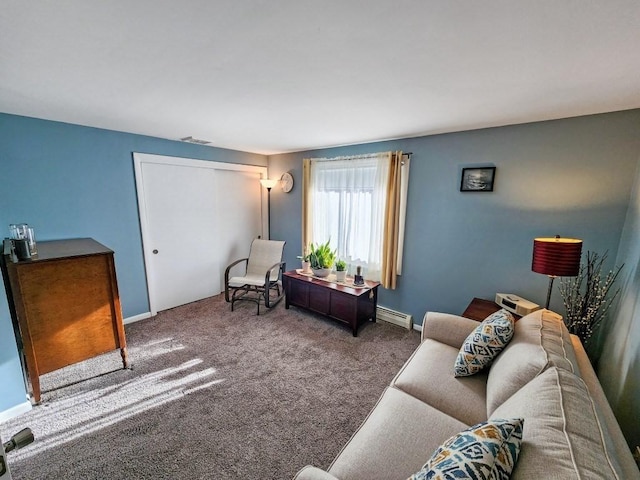 living room with carpet floors and a baseboard radiator