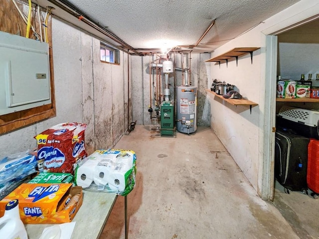 basement with a textured ceiling, electric panel, and water heater