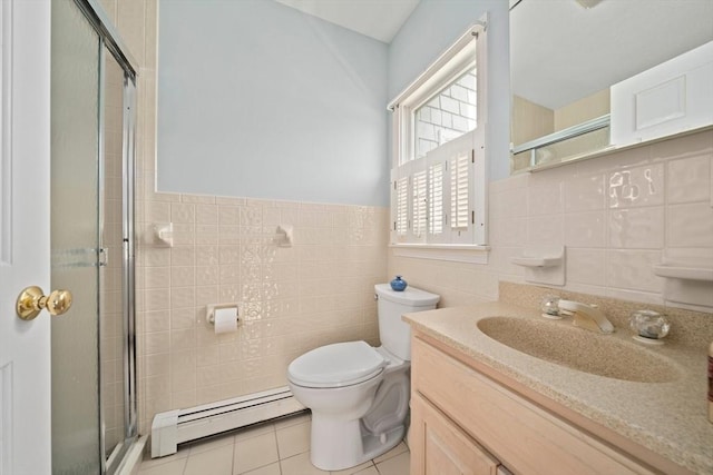 full bath featuring tile patterned flooring, a stall shower, and baseboard heating