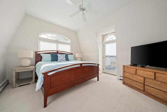 bedroom with access to outside, a baseboard radiator, light colored carpet, ceiling fan, and vaulted ceiling