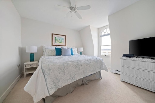 bedroom featuring a baseboard radiator, baseboards, carpet, and ceiling fan