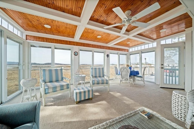 sunroom / solarium featuring beam ceiling, coffered ceiling, wooden ceiling, and a ceiling fan