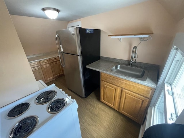 3 Camden St, South Hadley, MA 01075 - kitchen with freestanding refrigerator, electric range, light wood-type flooring, light countertops, and a sink