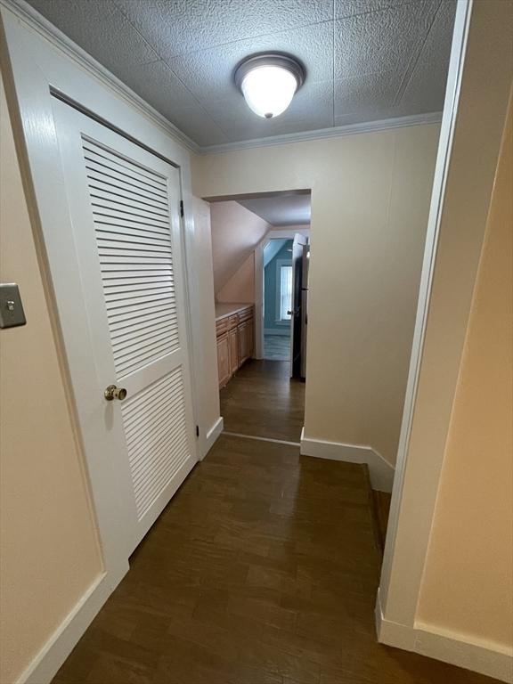 3 Camden St, South Hadley, MA 01075 - hall with crown molding, dark wood finished floors, and baseboards