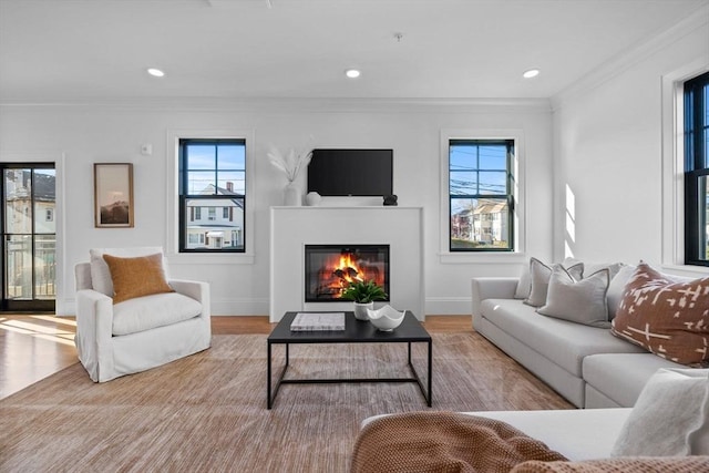 living room featuring light hardwood / wood-style floors and crown molding