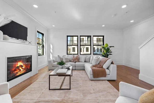 living room with ornamental molding and light hardwood / wood-style flooring