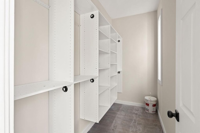 walk in closet with dark wood finished floors