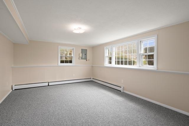 carpeted spare room with electric panel, crown molding, and baseboards