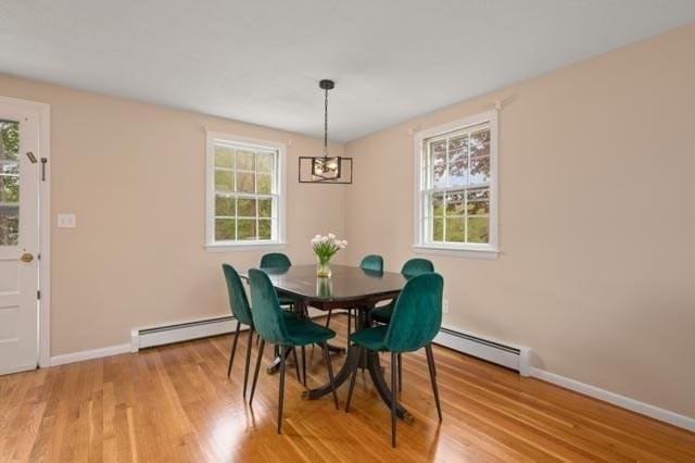 dining area with baseboards, a healthy amount of sunlight, and a baseboard heating unit