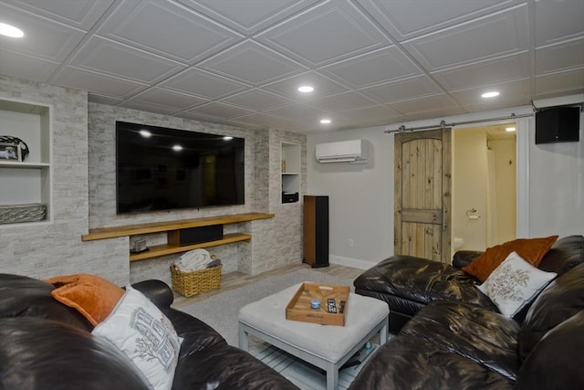 living area with recessed lighting, built in shelves, baseboards, and a wall unit AC