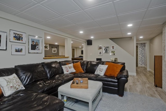 living area featuring pool table, light wood-style flooring, recessed lighting, and baseboards