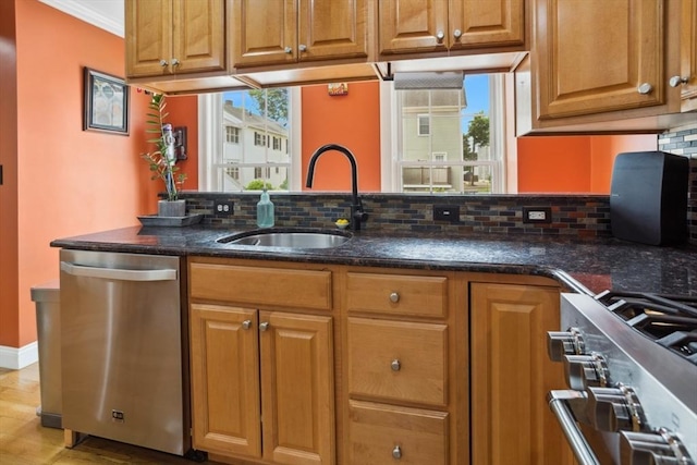 224 Grove St Unit 2, Waltham, MA 02453 - kitchen featuring stainless steel dishwasher, stove, backsplash, ornamental molding, and brown cabinets