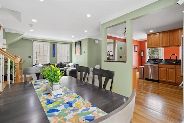 224 Grove St Unit 2, Waltham, MA 02453 - dining room with ornamental molding, stairs, recessed lighting, and light wood-style floors