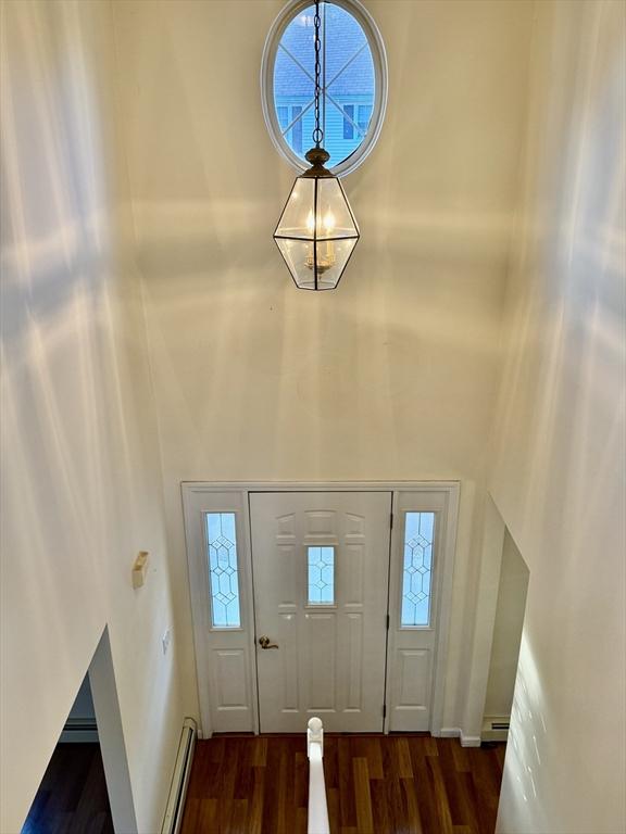 foyer with a baseboard heating unit, a towering ceiling, and dark hardwood / wood-style flooring