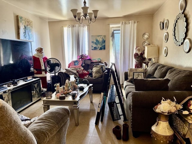 living room featuring an inviting chandelier