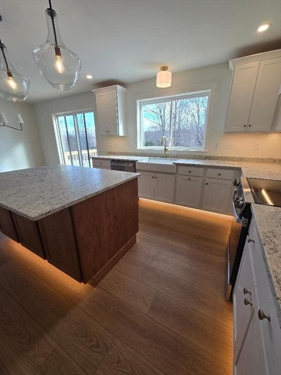 kitchen featuring dark wood-type flooring, appliances with stainless steel finishes, decorative light fixtures, and white cabinets