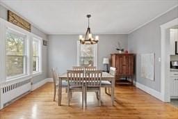 dining room featuring crown molding, light wood-type flooring, radiator heating unit, and a chandelier