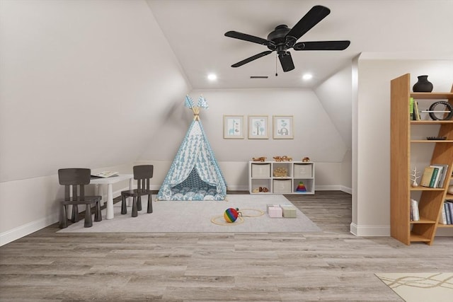 453 Forest St, North Andover, MA 01845 - recreation room featuring lofted ceiling, wood finished floors, a ceiling fan, and recessed lighting