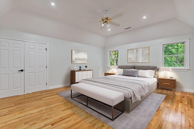 453 Forest St, North Andover, MA 01845 - bedroom featuring vaulted ceiling, light wood-style floors, a ceiling fan, and recessed lighting