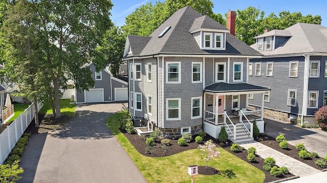 38 Thatcher St, Medford, MA 02155 - view of front of property featuring a garage, a shingled roof, an outbuilding, and a porch