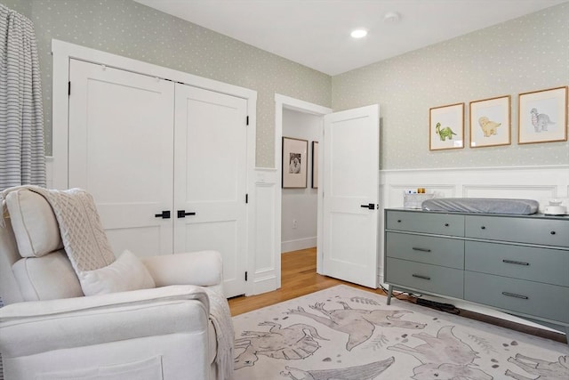 38 Thatcher St, Medford, MA 02155 - living area featuring light wood-style flooring, wallpapered walls, and recessed lighting