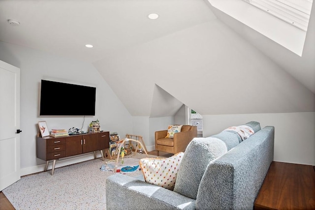 38 Thatcher St, Medford, MA 02155 - living room featuring vaulted ceiling, a skylight, recessed lighting, and baseboards