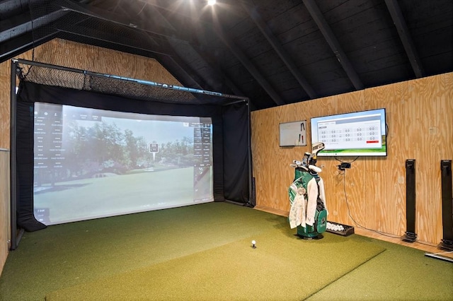 38 Thatcher St, Medford, MA 02155 - rec room featuring golf simulator, carpet flooring, and wood walls