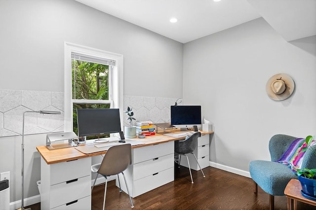 home office featuring baseboards, recessed lighting, and dark wood-type flooring