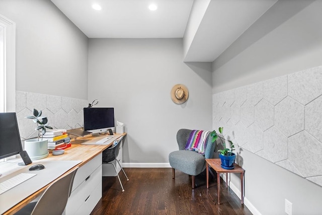 office area featuring baseboards, dark wood finished floors, and recessed lighting
