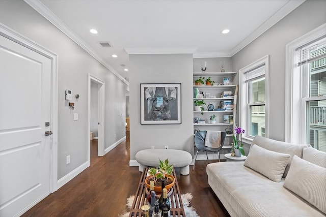 living room featuring recessed lighting, baseboards, visible vents, crown molding, and dark wood-style floors