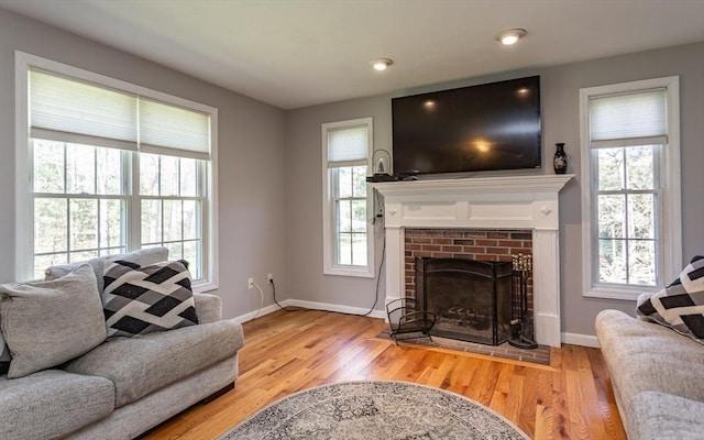 living room featuring light wood-style flooring, baseboards, and a fireplace