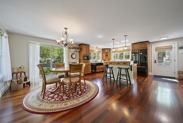 dining room featuring plenty of natural light, dark wood-style flooring, and a chandelier