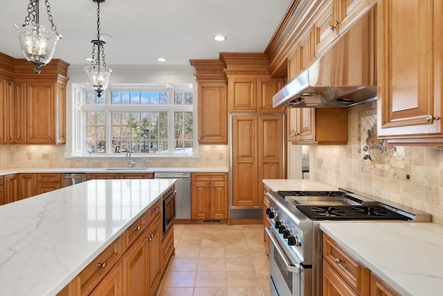 kitchen featuring pendant lighting, appliances with stainless steel finishes, a sink, light stone countertops, and under cabinet range hood