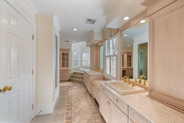 full bathroom with recessed lighting, a sink, visible vents, and crown molding