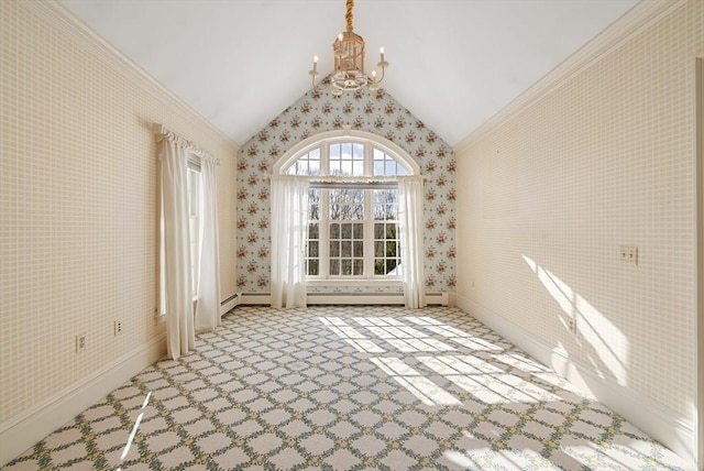 unfurnished room with lofted ceiling, a notable chandelier, light colored carpet, and wallpapered walls