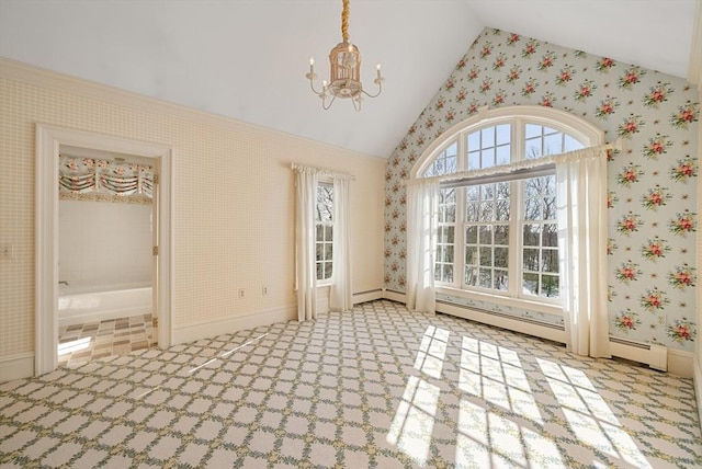 unfurnished dining area featuring lofted ceiling, light carpet, a chandelier, baseboards, and wallpapered walls