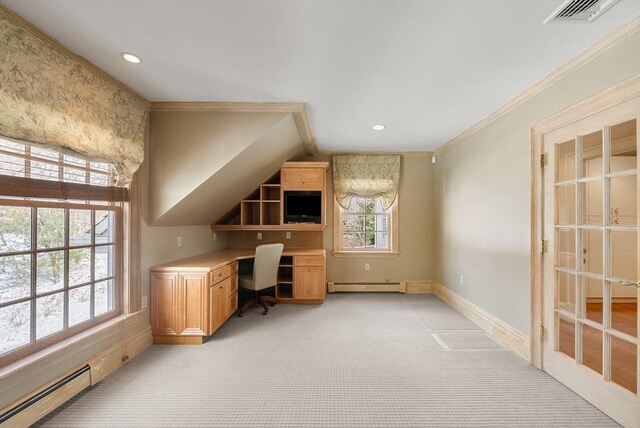 unfurnished office featuring a baseboard radiator, visible vents, and light colored carpet