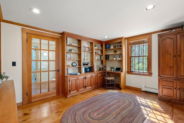 office featuring baseboards, a baseboard radiator, ornamental molding, recessed lighting, and light wood-style flooring