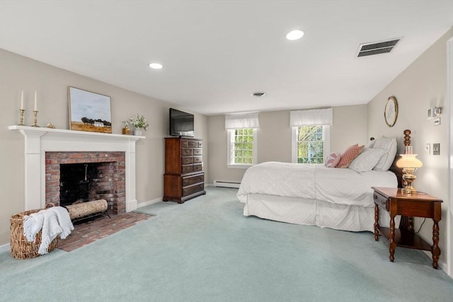 carpeted bedroom with visible vents, recessed lighting, baseboard heating, and a fireplace