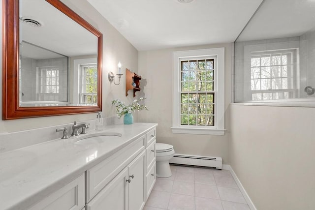 full bathroom featuring baseboard heating, vanity, toilet, tile patterned floors, and baseboards