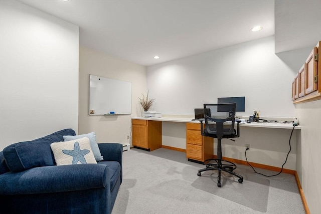 home office with baseboards, recessed lighting, and light carpet