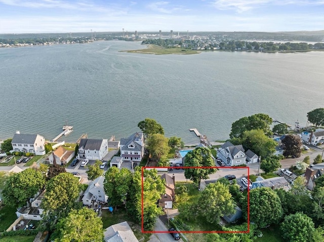 295 Rock Island Rd, Quincy, MA 02169 - aerial perspective of suburban area featuring a large body of water and property parcel outlined