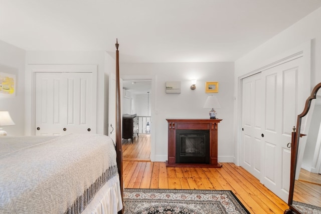 bedroom with two closets and hardwood / wood-style flooring